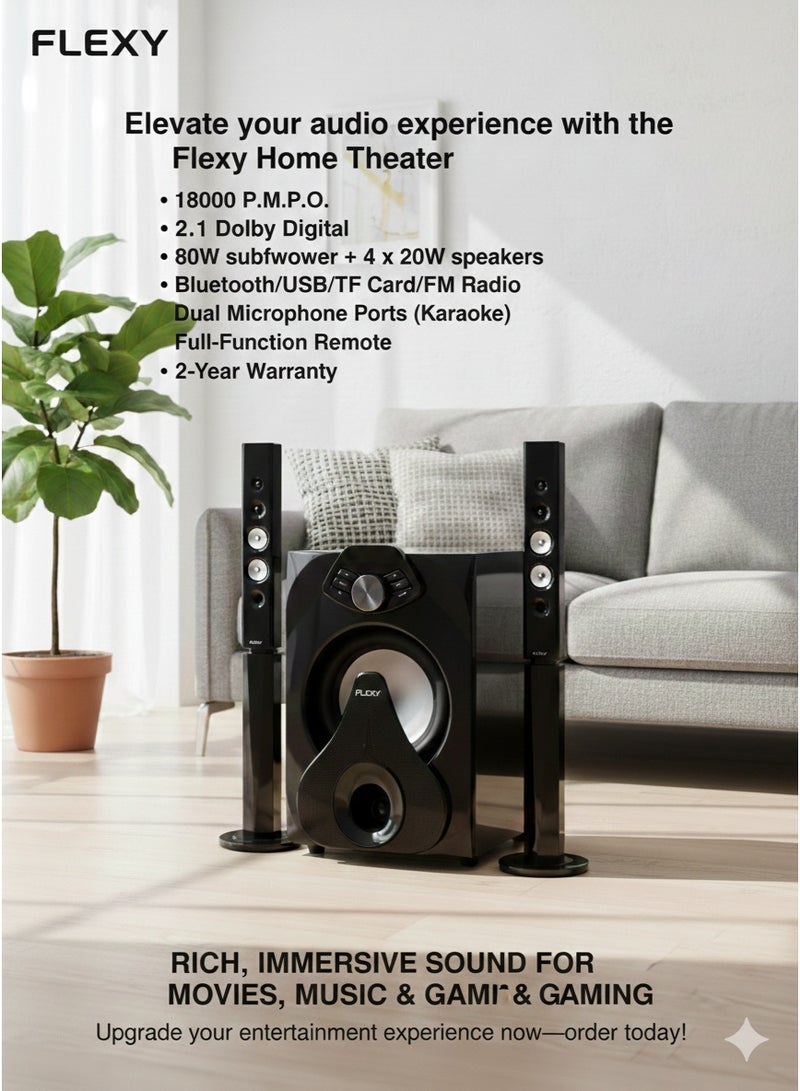 Flexy Home Theater 18000 P.M.P.O, 2.1 Dolby Digital, Bluetooth, LED Lights, USB/TF, FM Radio, 80W Subwoofer, 20W Speakers, Mic Ports, Remote, 2-Year Warranty. - Image 3